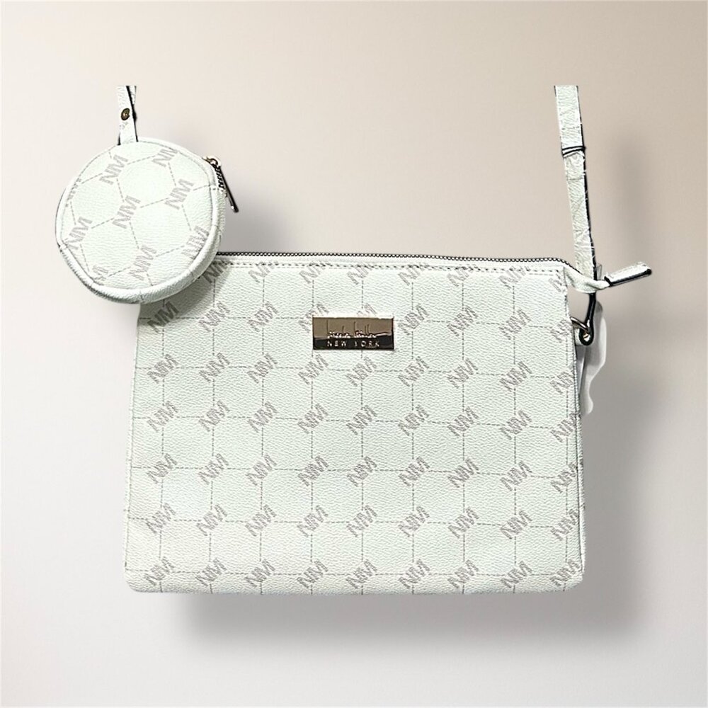 New‎ Nicole Miller New York Bone Monogram Crossbody Bag Coin Purse Minimal Luxe